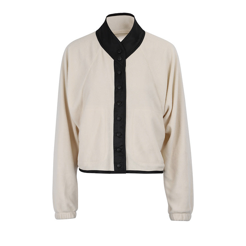 Loose Fit Fleece Jacket with Contrast Stand Collar and Button Front