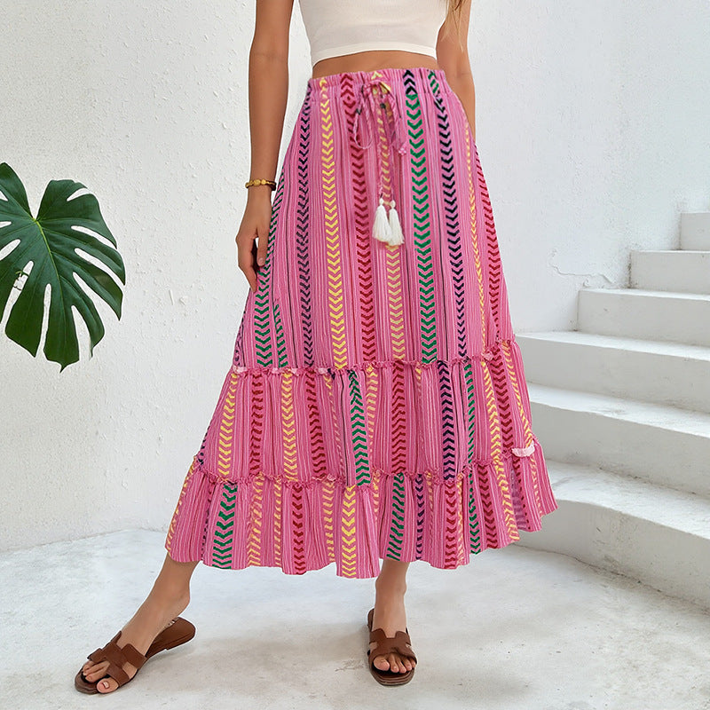 Ethnic Striped Tiered Maxi Skirt with Drawstring Tassels