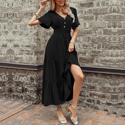 Solid A-Line Midi Dress with V-Neck, Shirred Waist, and Tiered Skirt