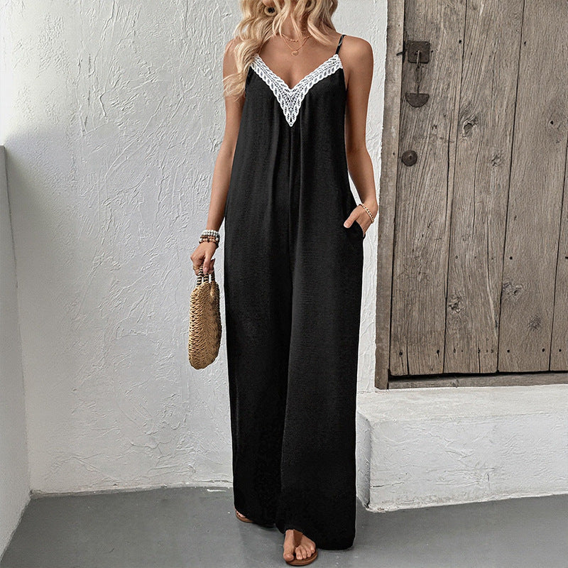 High-Waist Sleeveless Wide-Leg Jumpsuit with Lace V-Neck