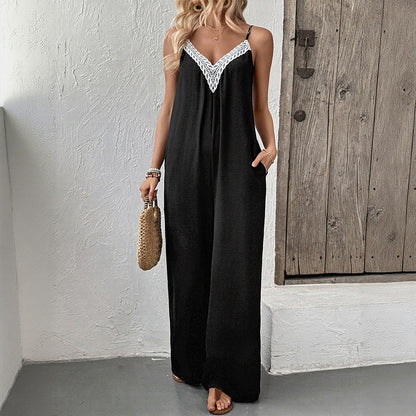 High-Waist Sleeveless Wide-Leg Jumpsuit with Lace V-Neck