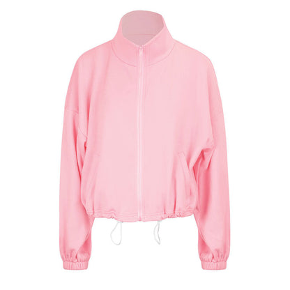 Oversized Zip-Up Jacket with Stand Collar and Drawstring Hem