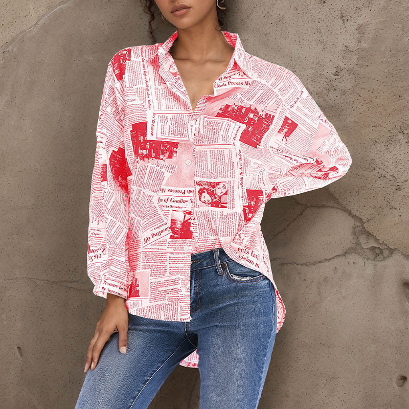 Oversized Newspaper Print Shirt with High-Low Hem