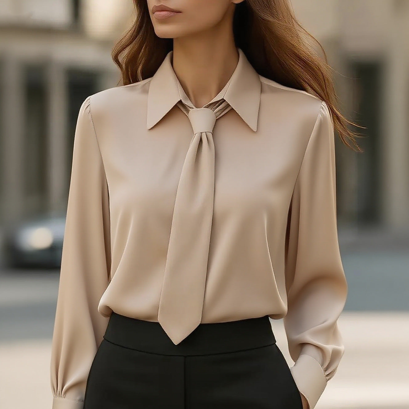 Solid Color Long-Sleeve Blouse with Neck Tie