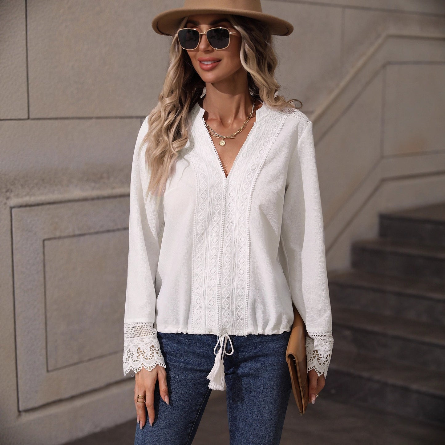 V-Neck Long Sleeve Blouse with Lace Trim and Tassels