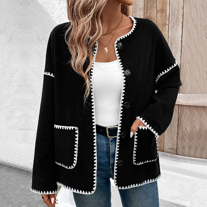 Loose Fleece Cardigan with Scalloped White Trim
