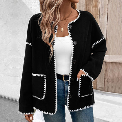 Loose Fleece Cardigan with Scalloped White Trim