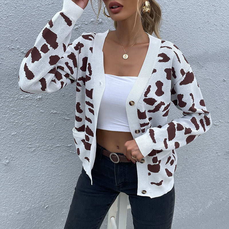 Cow Print Knit Cardigan with V-Neck and Pockets