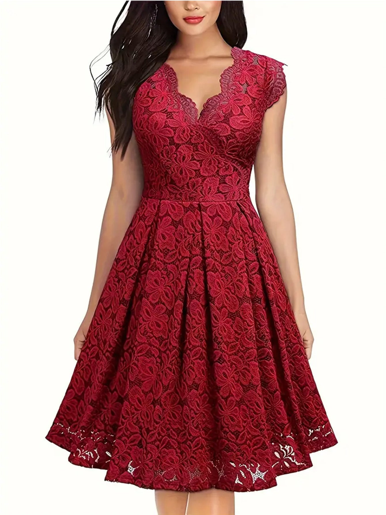 A-Line Floral Lace Dress with Scalloped V-Neck and Pleated Skirt