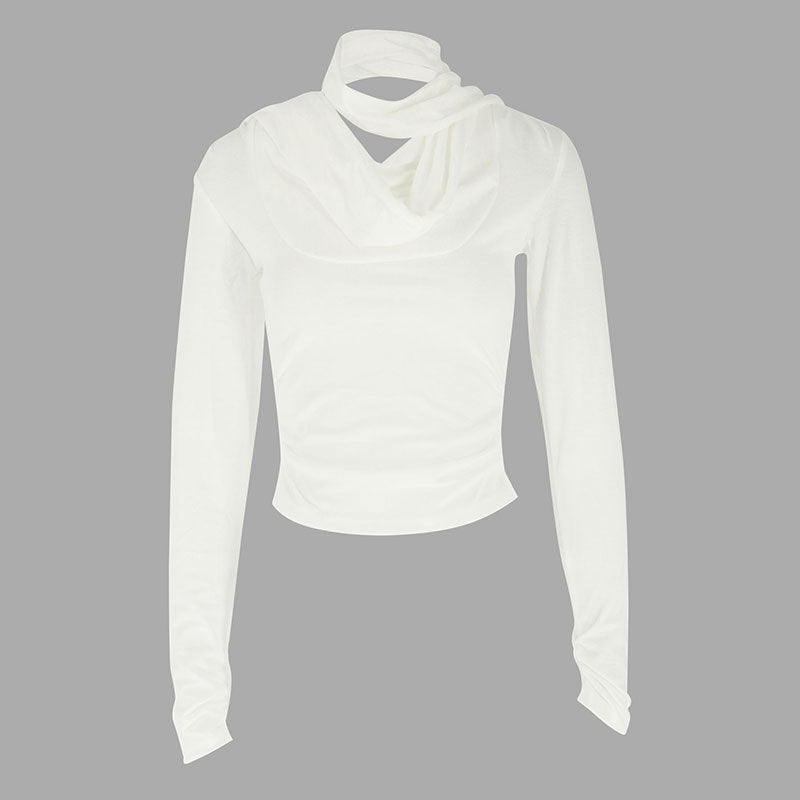 Solid Long Sleeve Top with Halter Neck, Cowl Neck & Ruched Detail