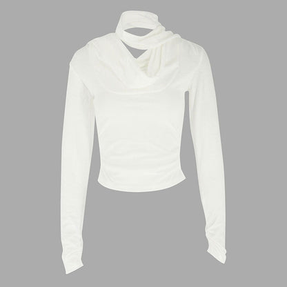 Solid Long Sleeve Top with Halter Neck, Cowl Neck & Ruched Detail