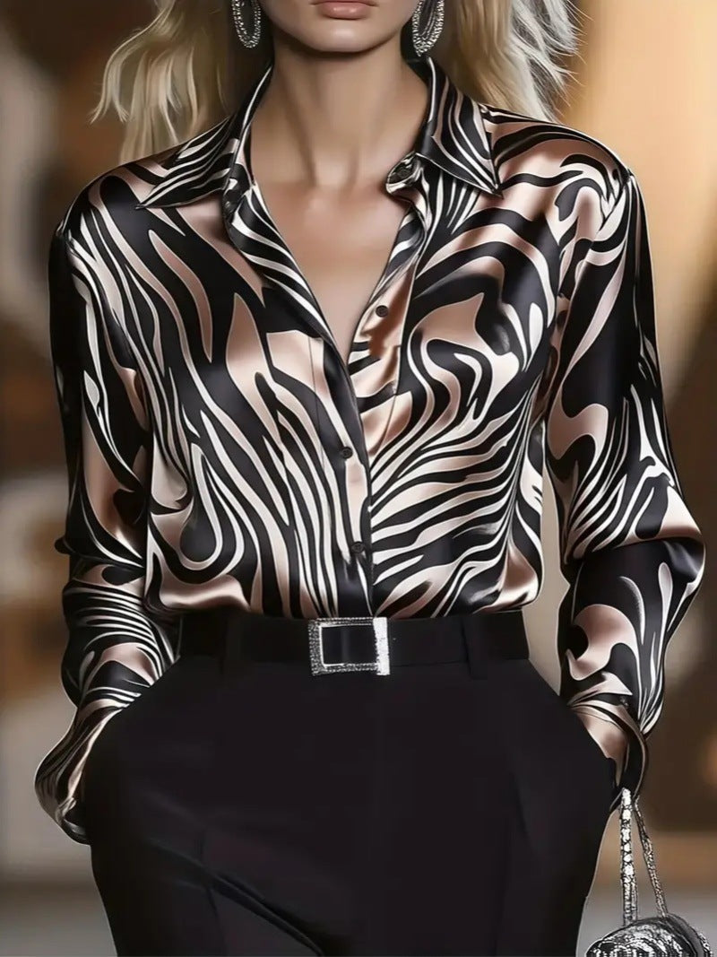 Wavy Zebra Print Satin Blouse with Long Sleeves and Lapel Collar