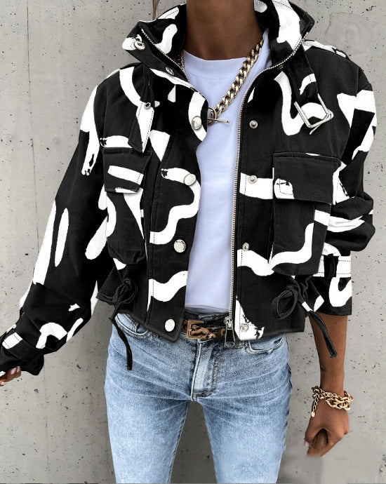 Printed Cropped Jacket with High Collar and Flap Pockets
