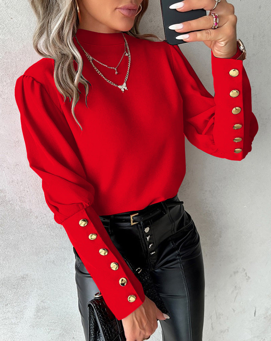 Solid Mock Neck Blouse with Gold Button Cuffs