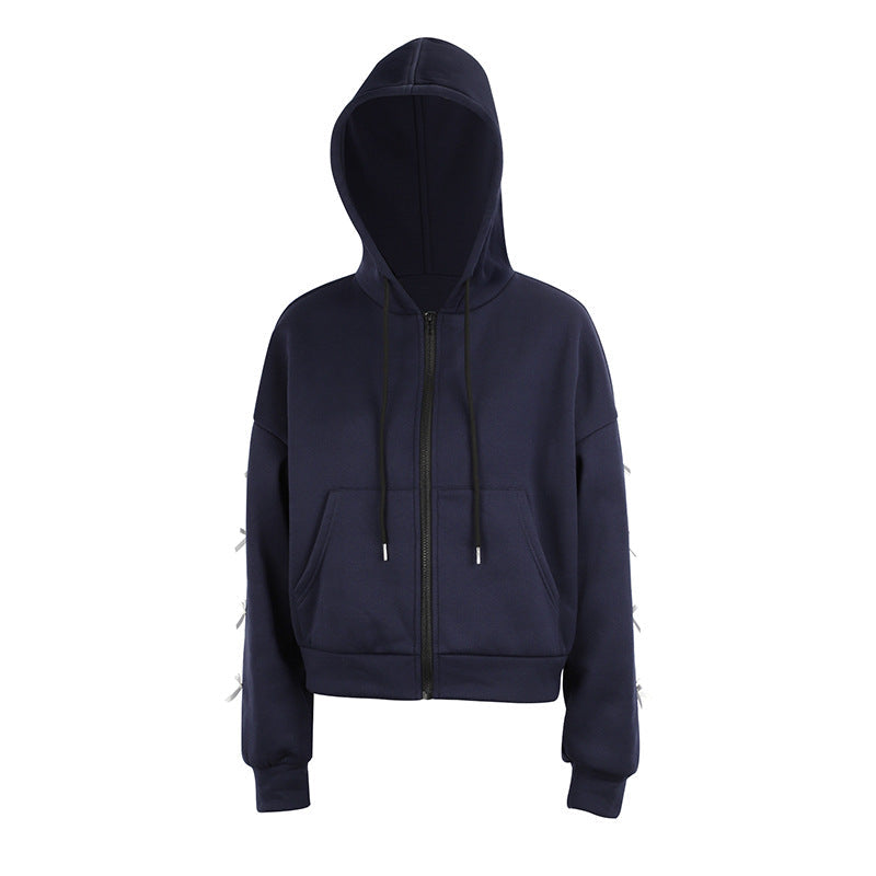Loose Fit Zip-Up Hoodie with Ribbon Bow Details