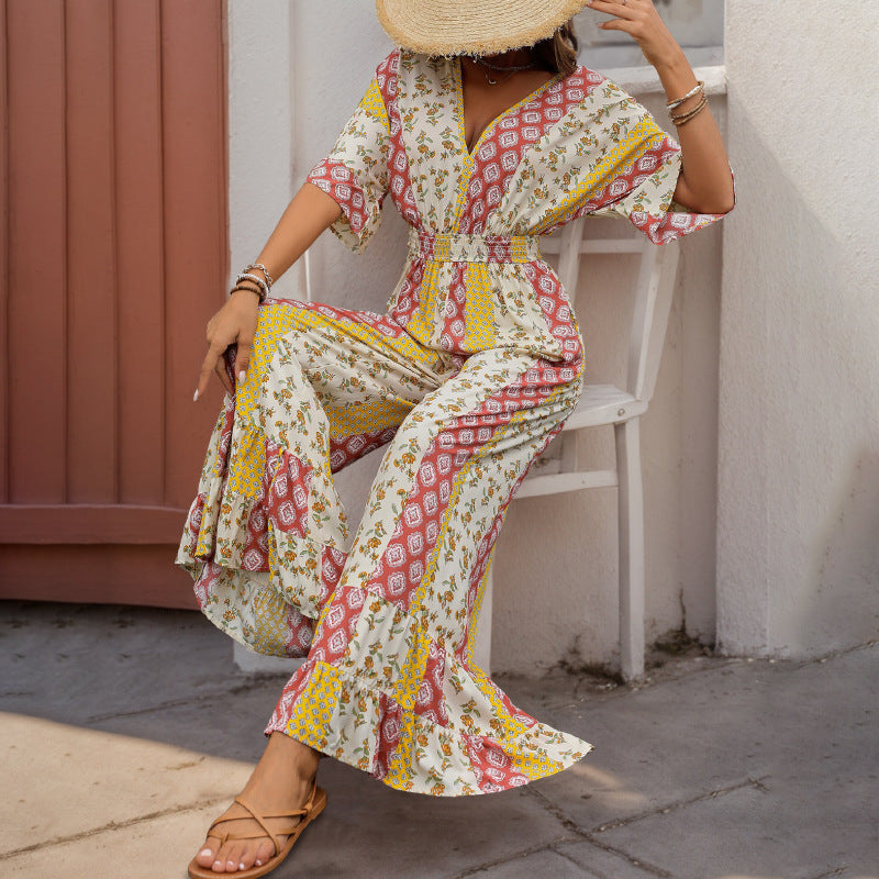 Retro Floral & Striped Wide-Leg Jumpsuit with V-Neck