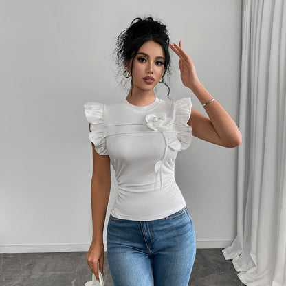 Ruffle Sleeve Slim Fit Top with 3D Floral Applique