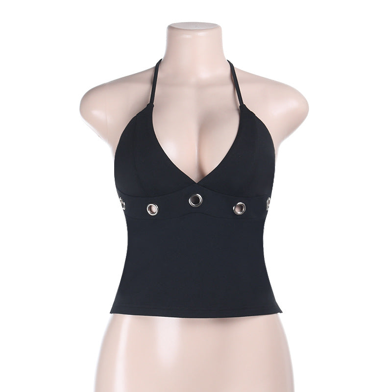 Solid Halterneck Crop Top with Eyelet Detailing