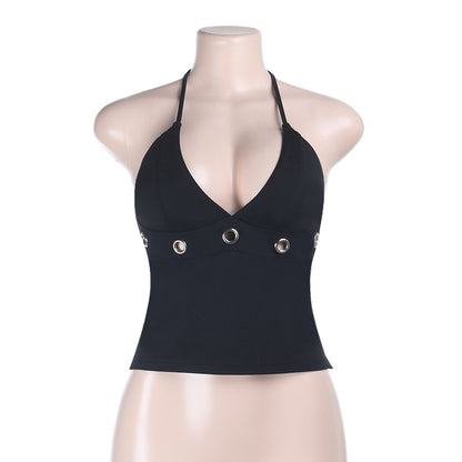Solid Halterneck Crop Top with Eyelet Detailing