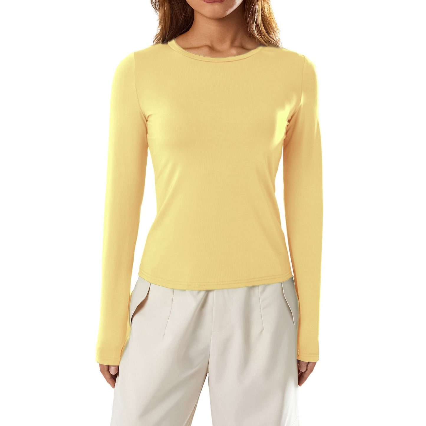 Slim Fit Long Sleeve Crewneck Top in Solid Colors