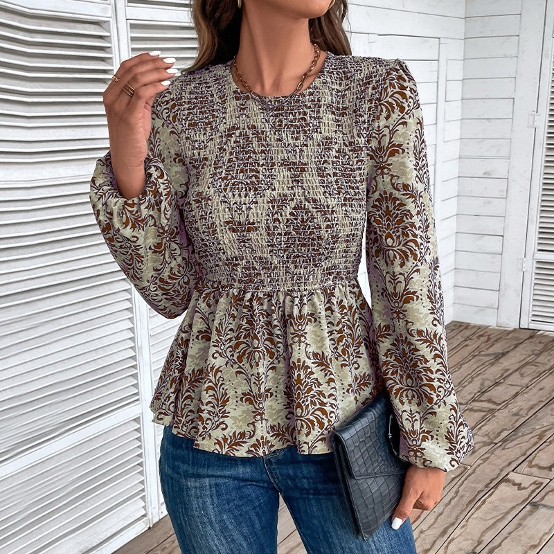 Floral Print Smocked Peplum Top with Long Sleeves