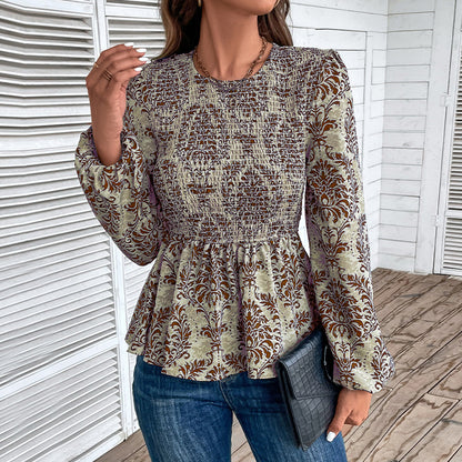Long-Sleeve Damask Print Blouse with Smocked Peplum
