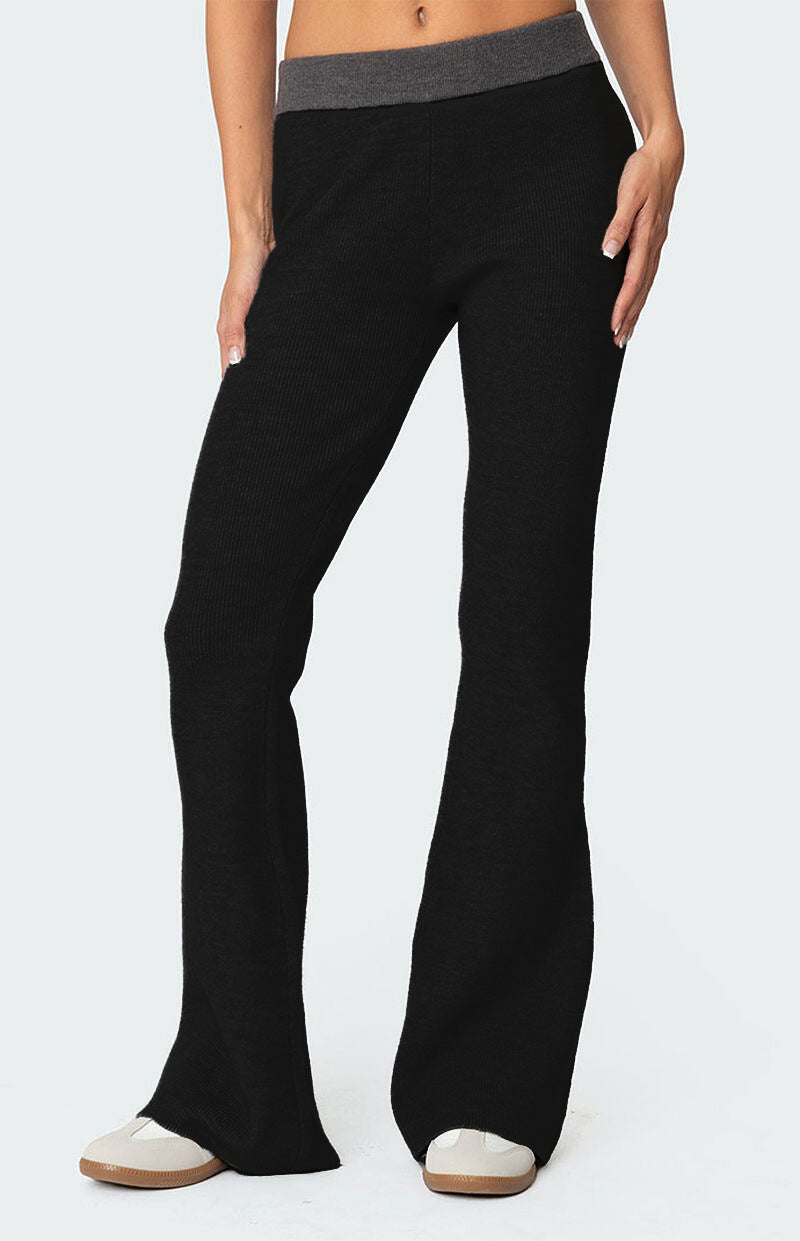 Ribbed Color-Block Flared Pants with Contrast Waistband