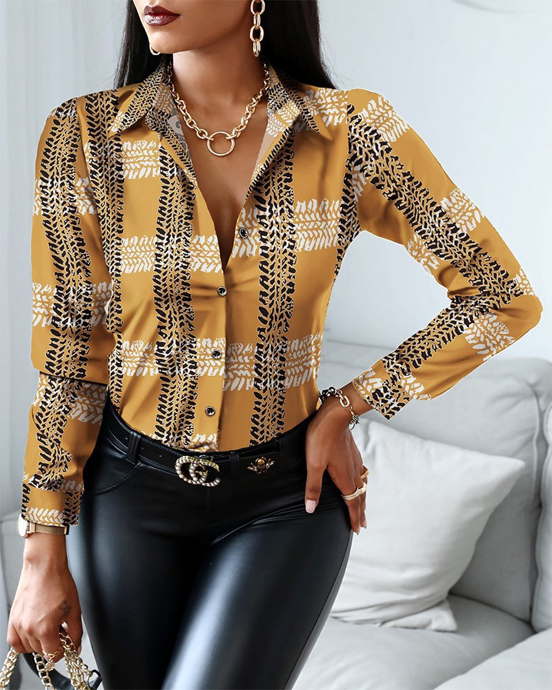 Color Block Print Blouse with V-Neck and Long Sleeves