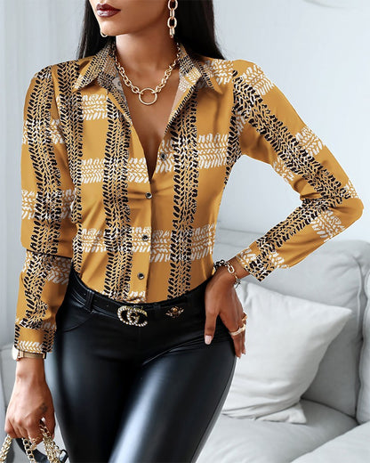 Color Block Print Blouse with V-Neck and Long Sleeves