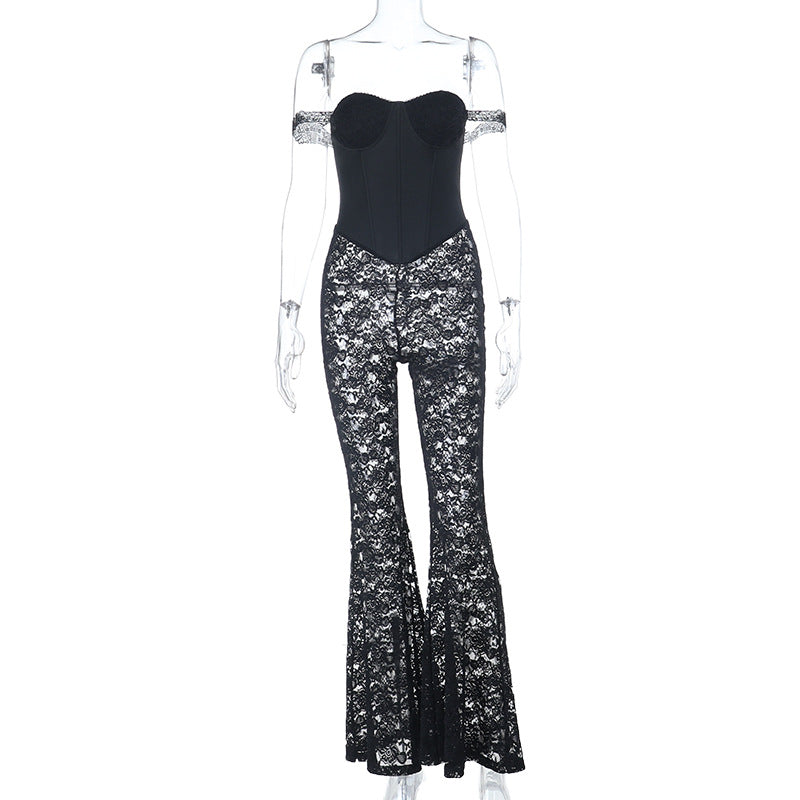 Off-Shoulder Lace Jumpsuit with Corset Bodice and Flare Leg