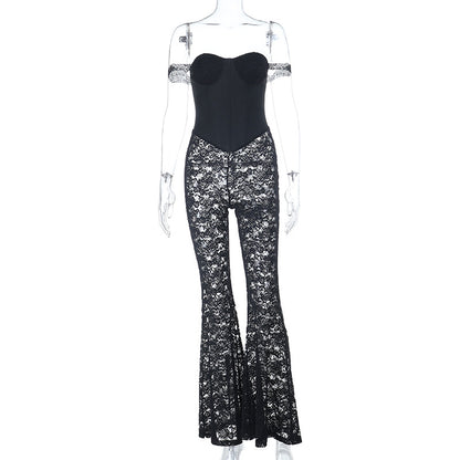 Off-Shoulder Lace Jumpsuit with Corset Bodice and Flare Leg
