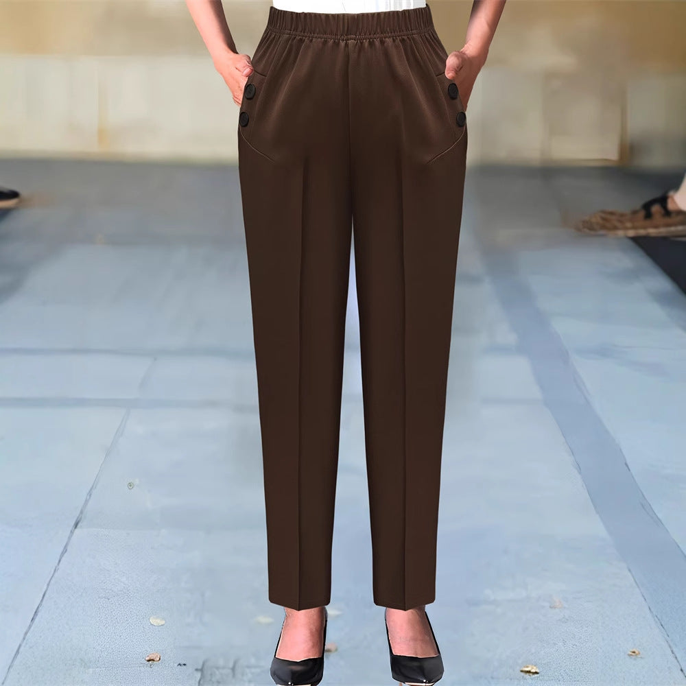 High-Waist Slim-Leg Trousers with Elastic Waistband and Buttons