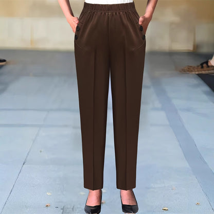 High-Waist Slim-Leg Trousers with Elastic Waistband and Buttons