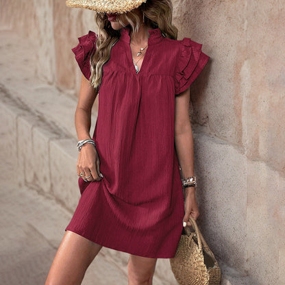 A-Line Mini Dress with Ruffle Sleeves and Stand-Up Collar