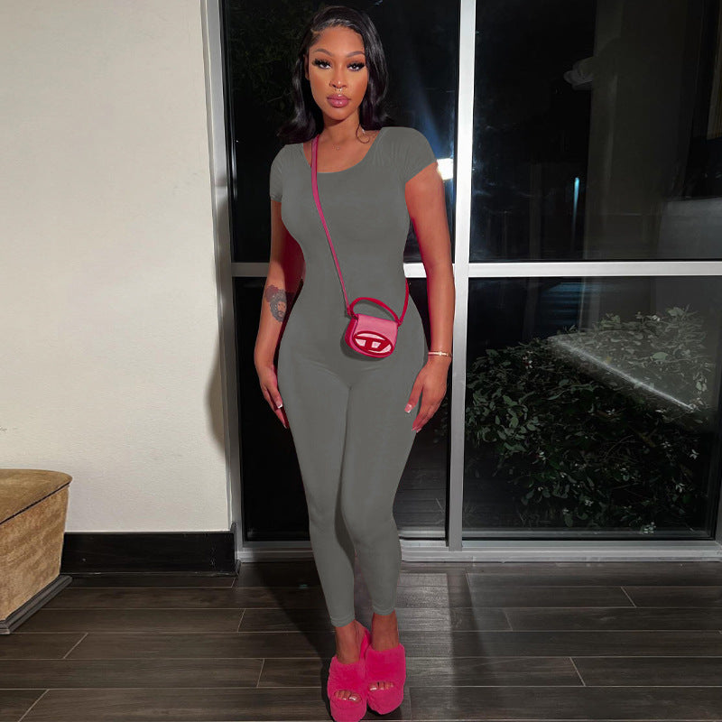 Bodycon Short-Sleeve Jumpsuit with Backless Detail