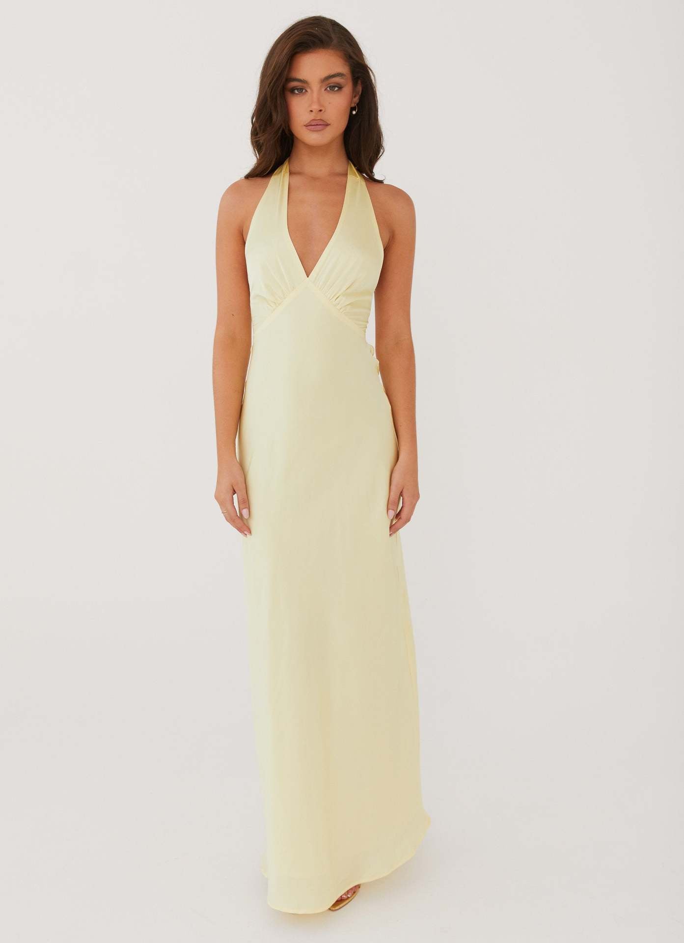 Satin Halter Maxi Dress with V-Neck and Ruched Detail
