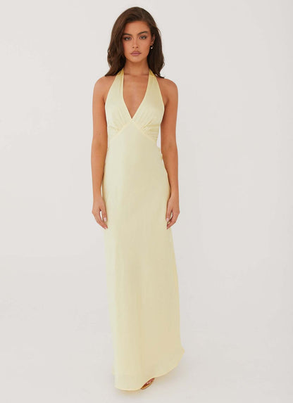 Satin Halter Maxi Dress with V-Neck and Ruched Detail