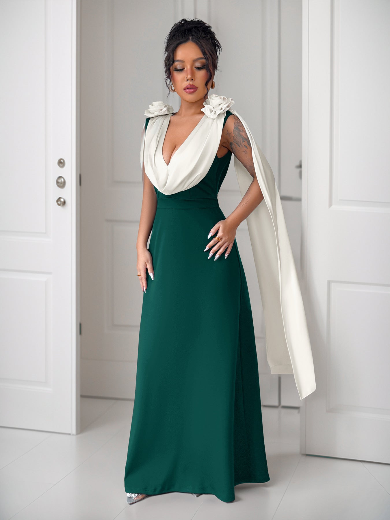 Color Block Maxi Dress with Draped V-Neck and Shoulder Detail