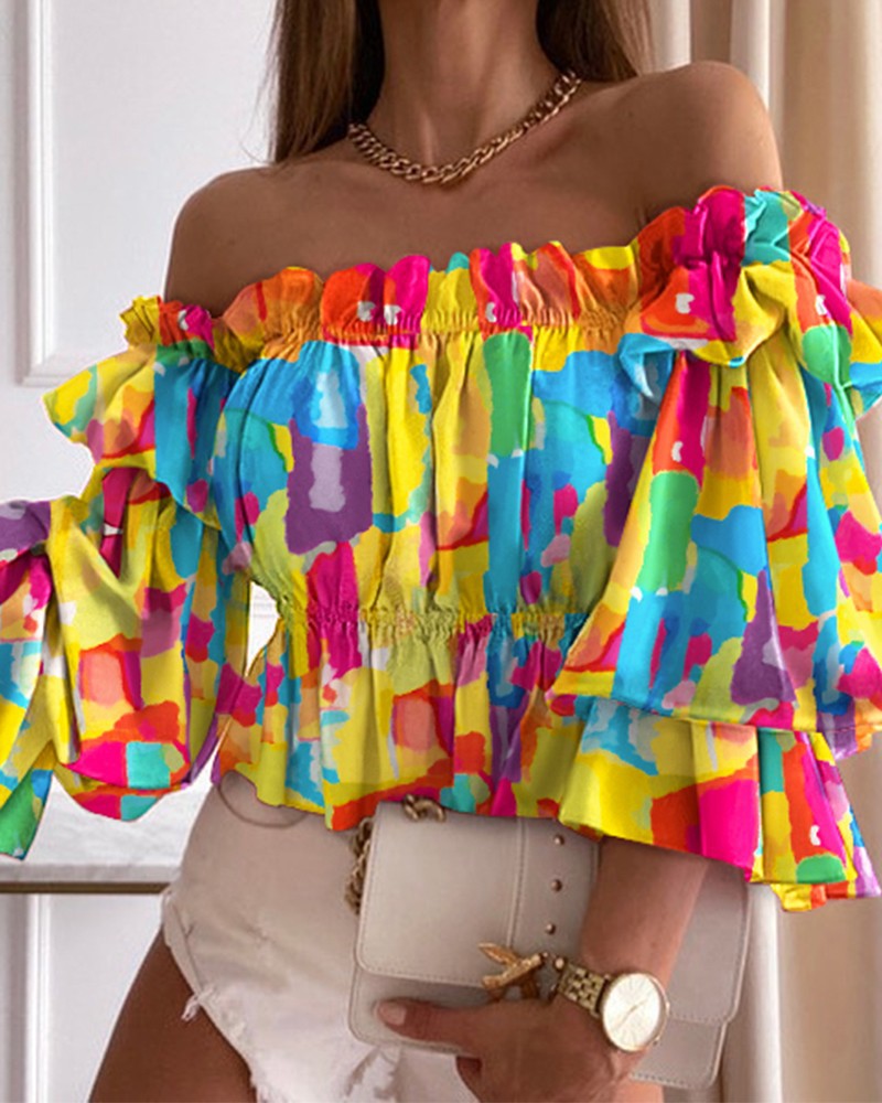 Printed Off-Shoulder Blouse with Ruffled Sleeves and Gathered Hem