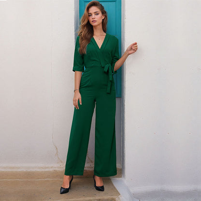 Wide-Leg Jumpsuit with Wrap V-Neck and Tie Waist