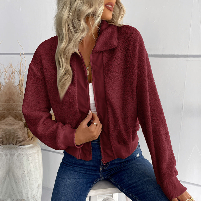 Solid Lamb Fleece Bomber Jacket with Lapel Collar