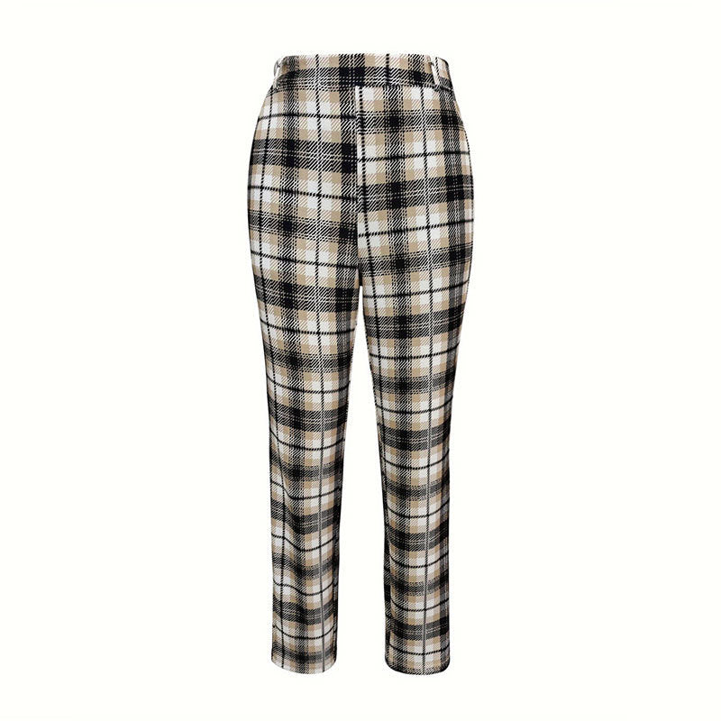 Plaid Cropped Trousers with High Elastic Waist