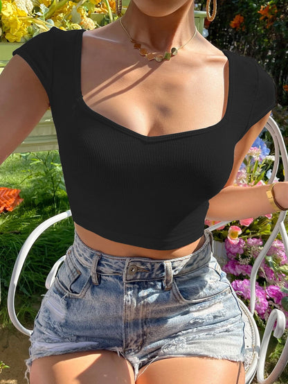 Cropped Ribbed Knit Top with U-Neck and Short Sleeves