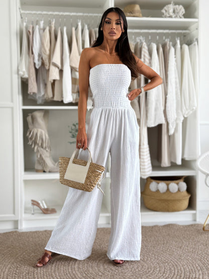 Wide-Leg Jumpsuit with Strapless Shirred Bodice