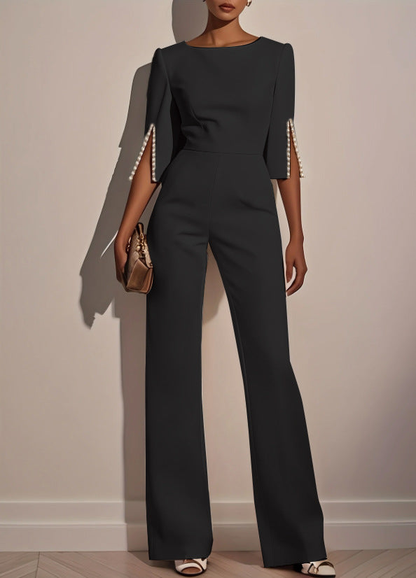 Wide-Leg Jumpsuit with Three-Quarter Pearl Split Sleeves