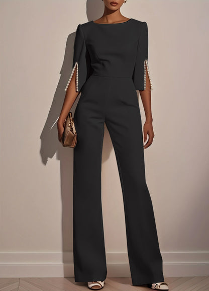 Wide-Leg Jumpsuit with Three-Quarter Pearl Split Sleeves