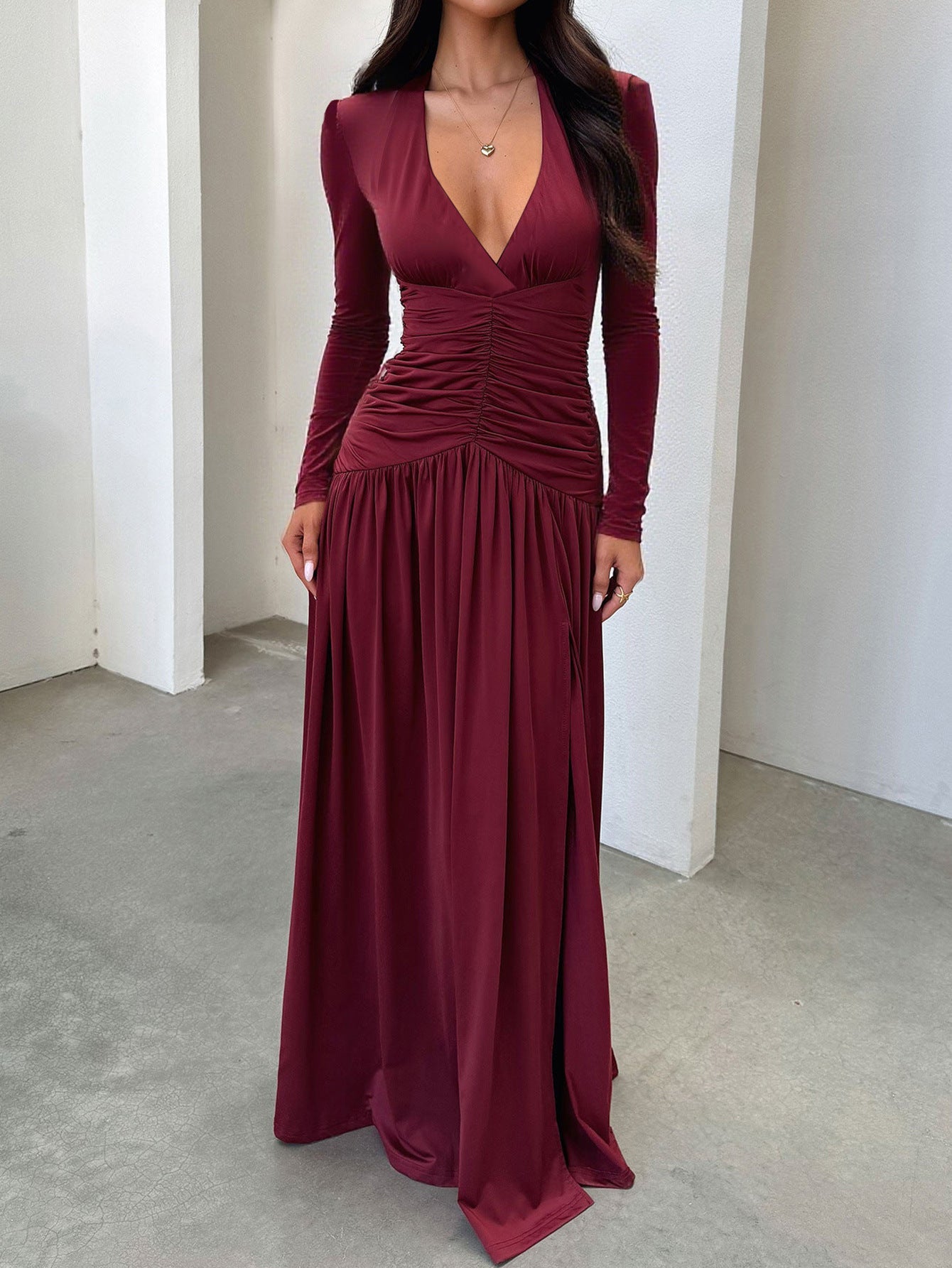 Maxi Dress with Deep V-Neck, Ruched Bodice, and Slit