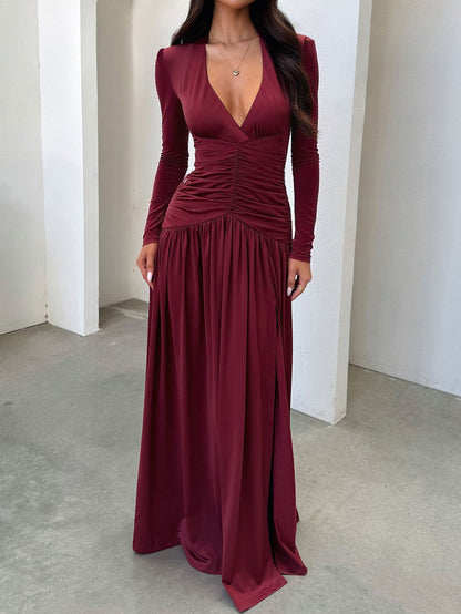 Maxi Dress with Deep V-Neck, Ruched Bodice, and Slit