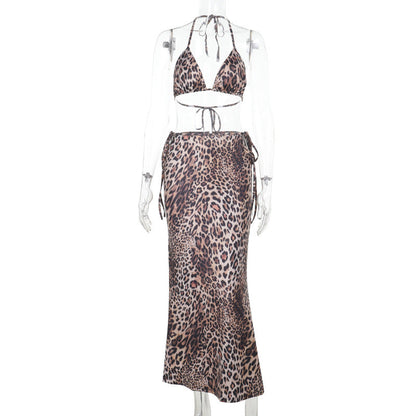 Lace-Up Three-Point Bikini With Leopard Print Skirt Mid-Length