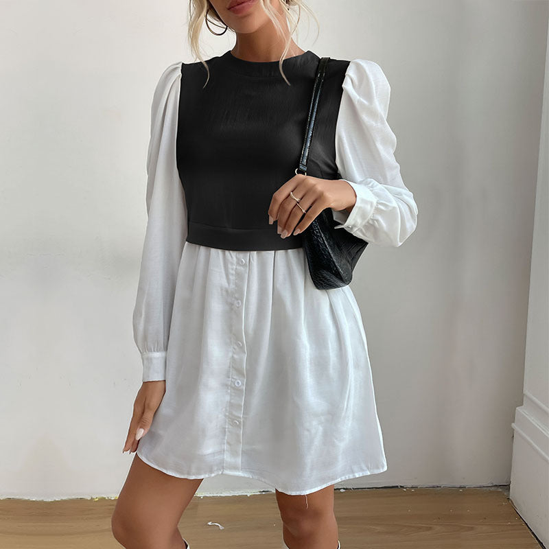 Color Block Layered Look Dress with Puff Sleeves